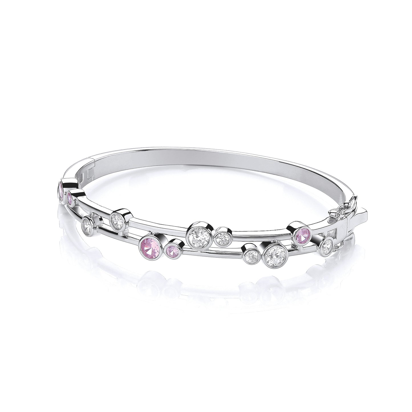 Timeless Rubover set Pink & Clear Cubic Zirconias Ladies J-Jaz Bangle - Silver