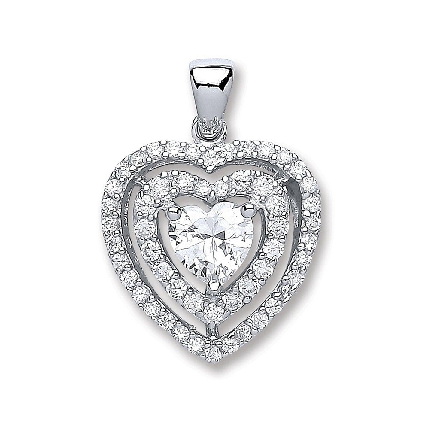 Silver Heart Cubic Zirconia with Two Row of Cubic Zirconia's Pendant - Silver