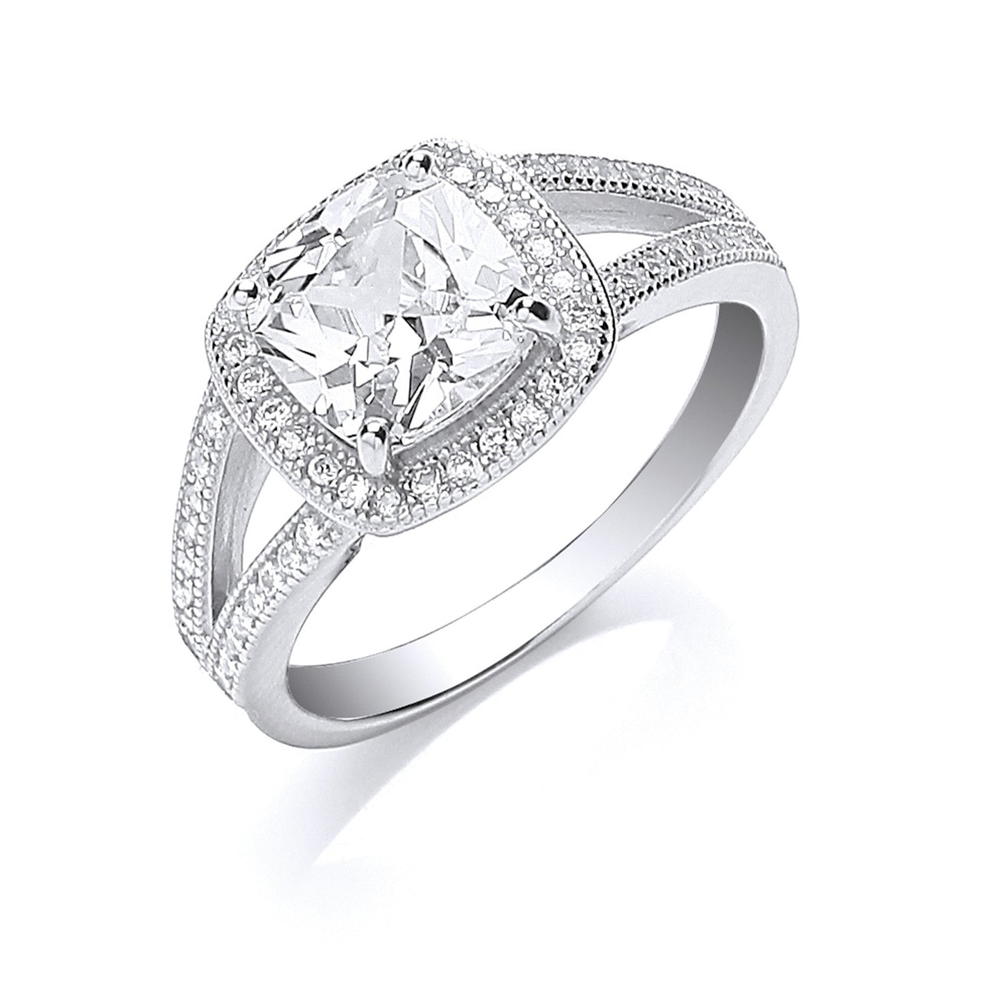 Silver Square Cubic Zirconia Split Shank Ring - Silver