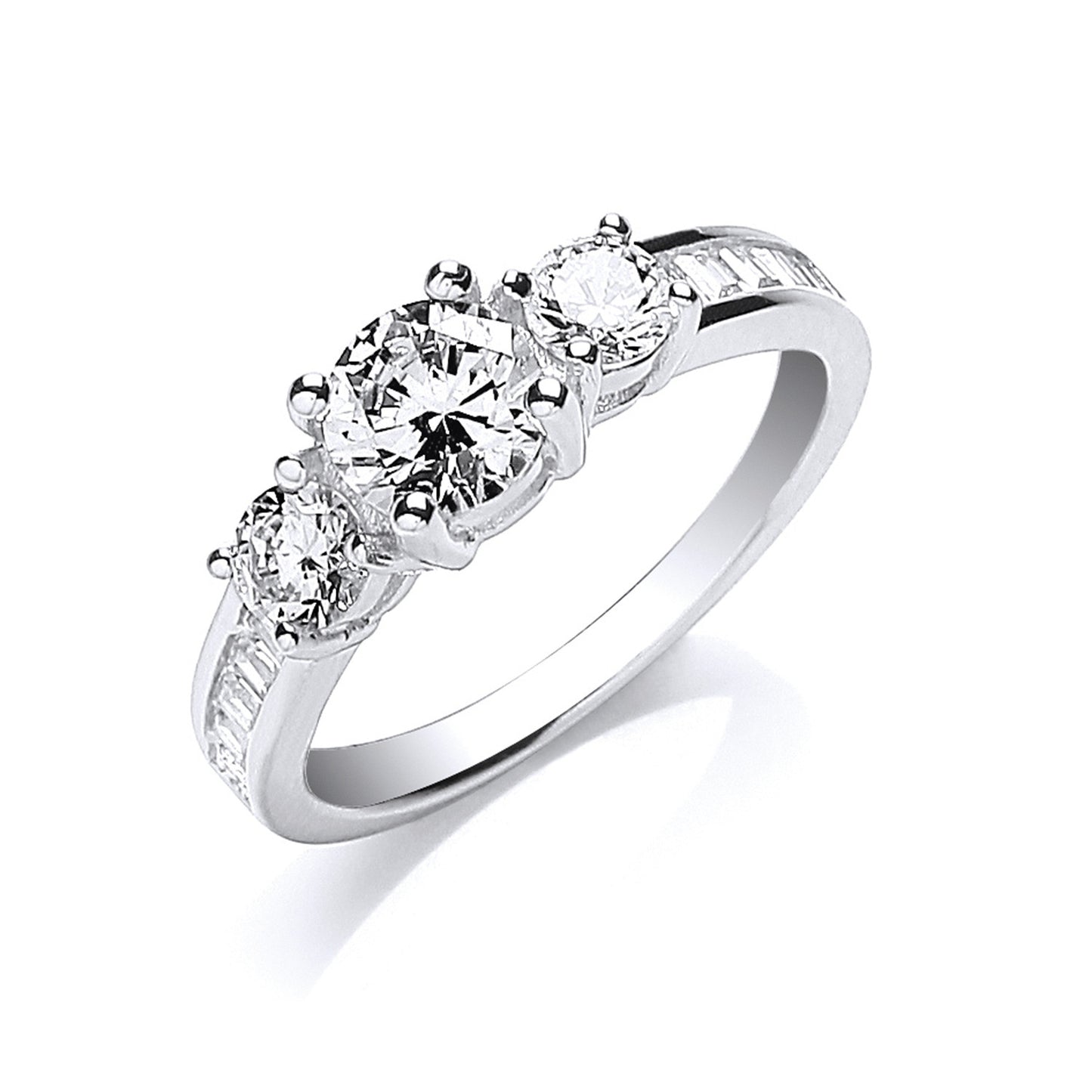 Silver Trilogy Rd. Brilliant with Baguettes on Shoulder Ring - Silver
