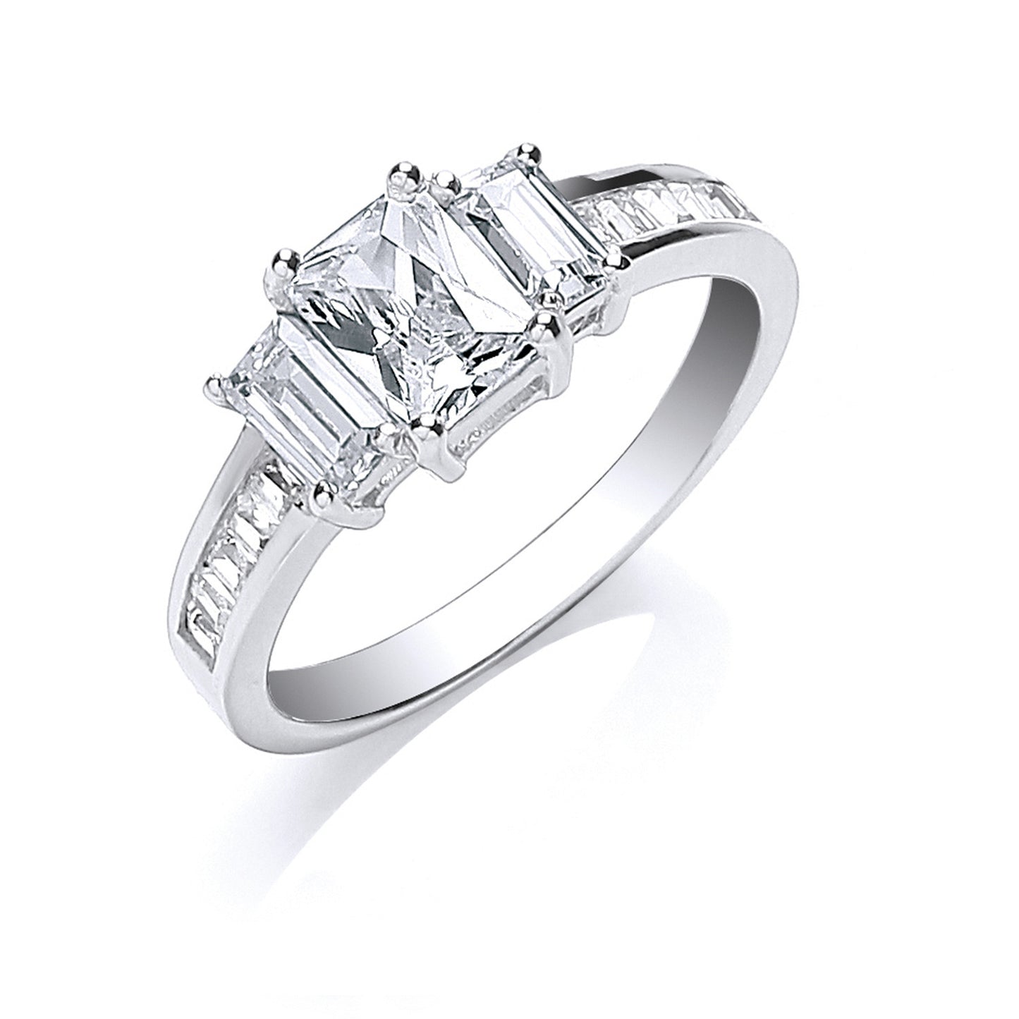 Silver Trilogy with Baguettes Cubic Zirconia & on Shoulder Ring - Silver