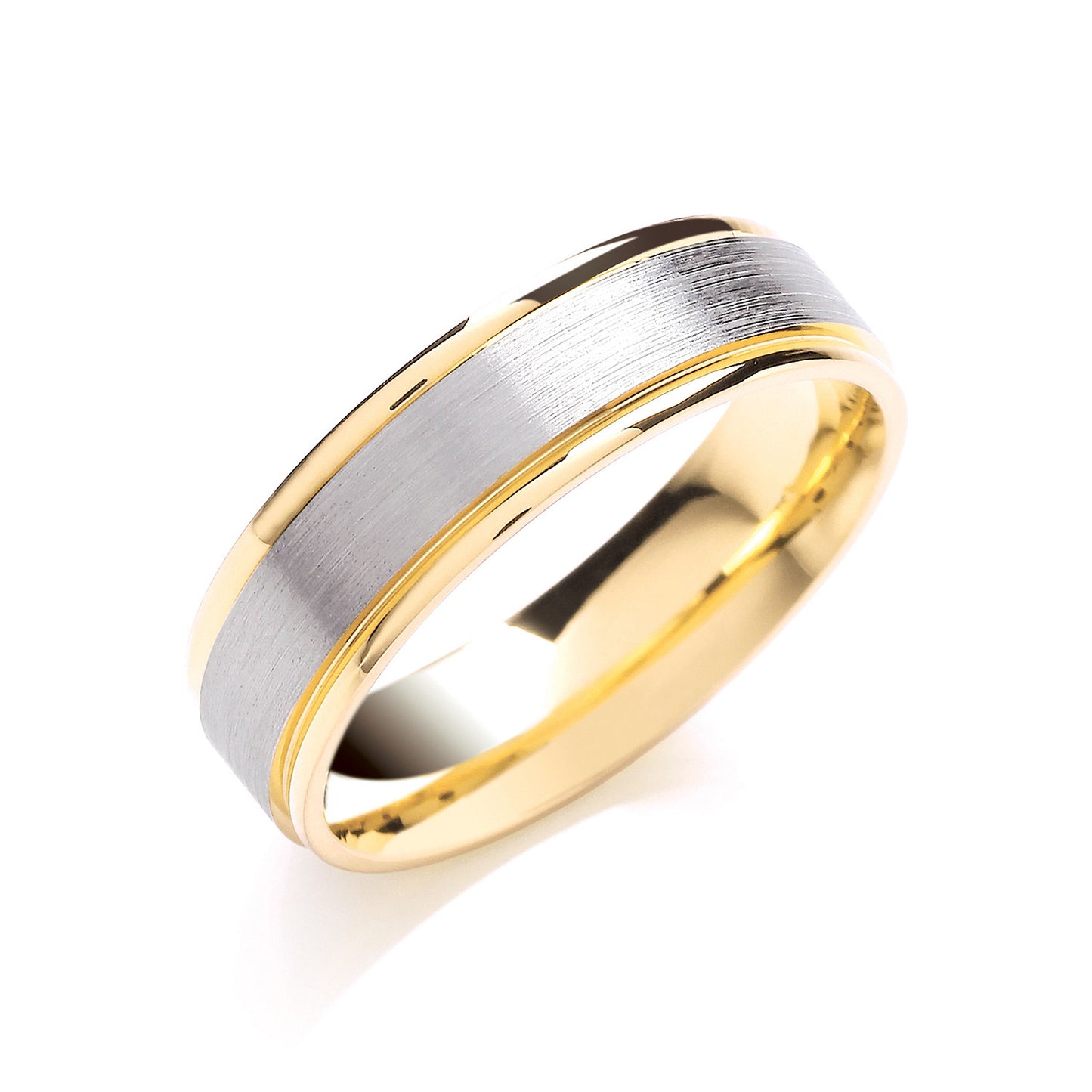 6mm Two Colour Flat Court Matt Centre - Polish Edge Wedding Band - 9ct Gold