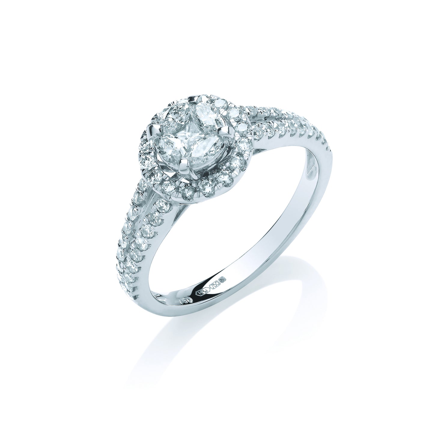 18ct White Gold 0.66ct Halo Style Split Shank Diamond Ring - 18ct Gold