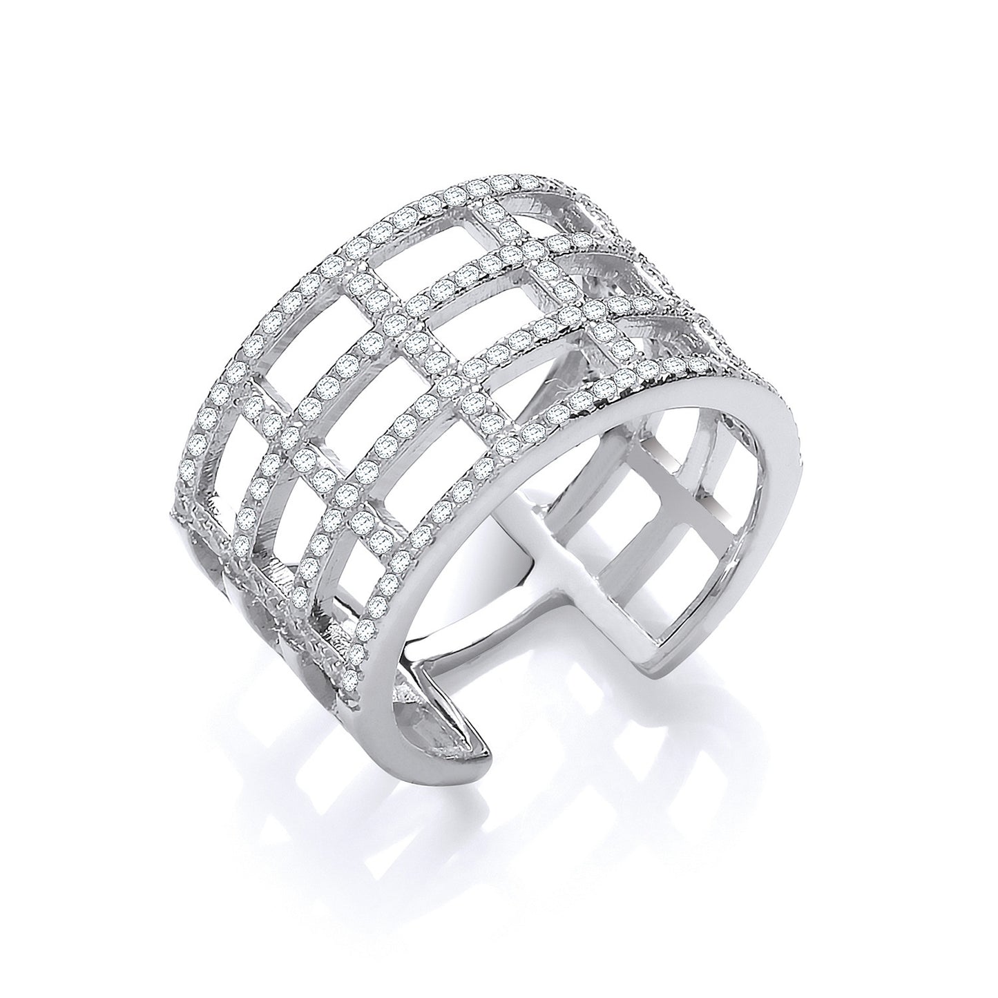 Silver Open Rectangular Designs Cubic Zirconia Ring - Silver
