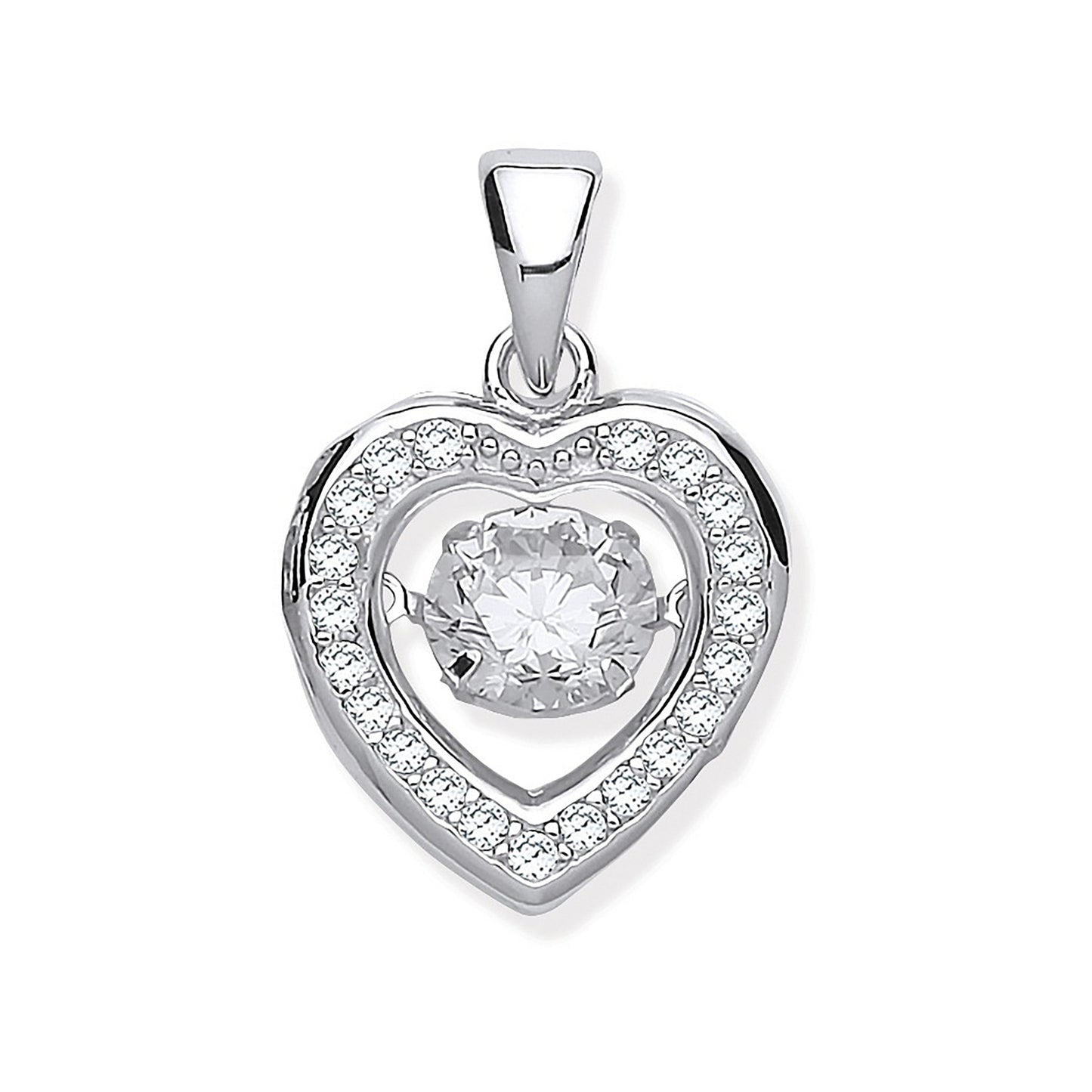 Silver Cubic Zirconia Heart Pendant with Hanging Shimering Cubic Zirconia - Silver