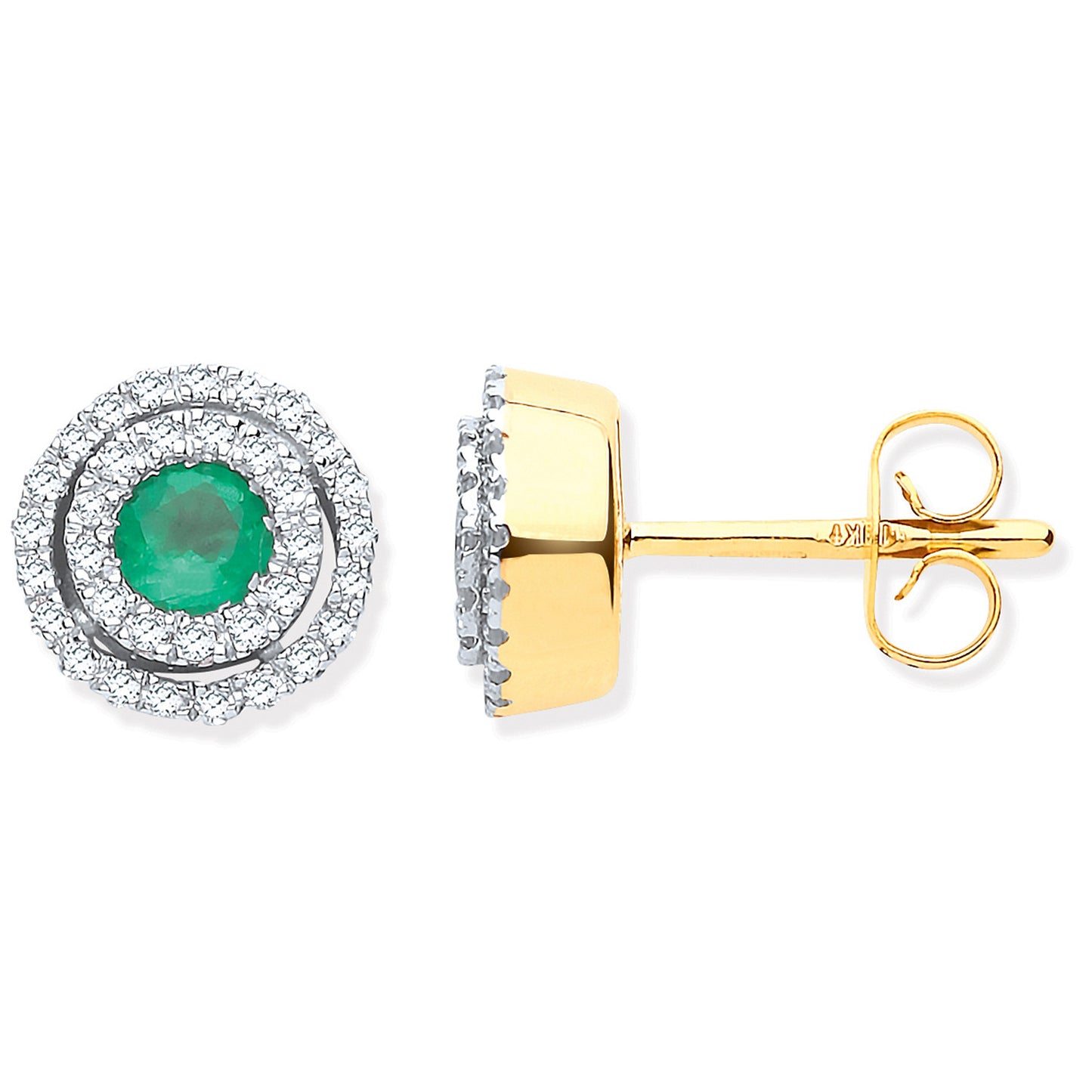 9ct Yellow Gold Double Halo 0.25 Diamond & Emerald Round Stud Earrings - 9ct Gold