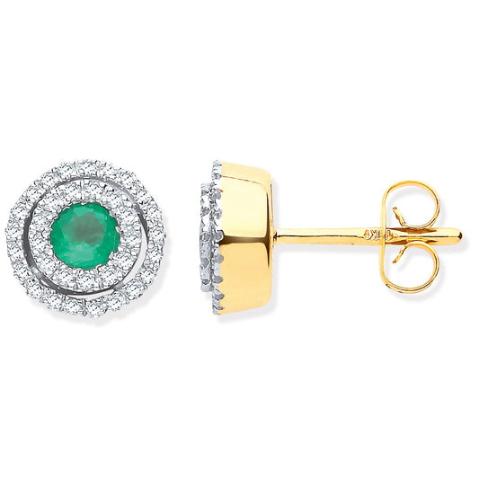 9ct Yellow Gold Double Halo 0.25 Diamond & Emerald Round Stud Earrings - 9ct Gold