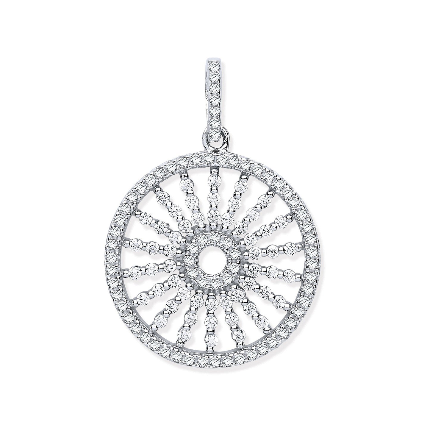 Silver Circle with Burst Lines Cubic Zirconia Pendant - Silver