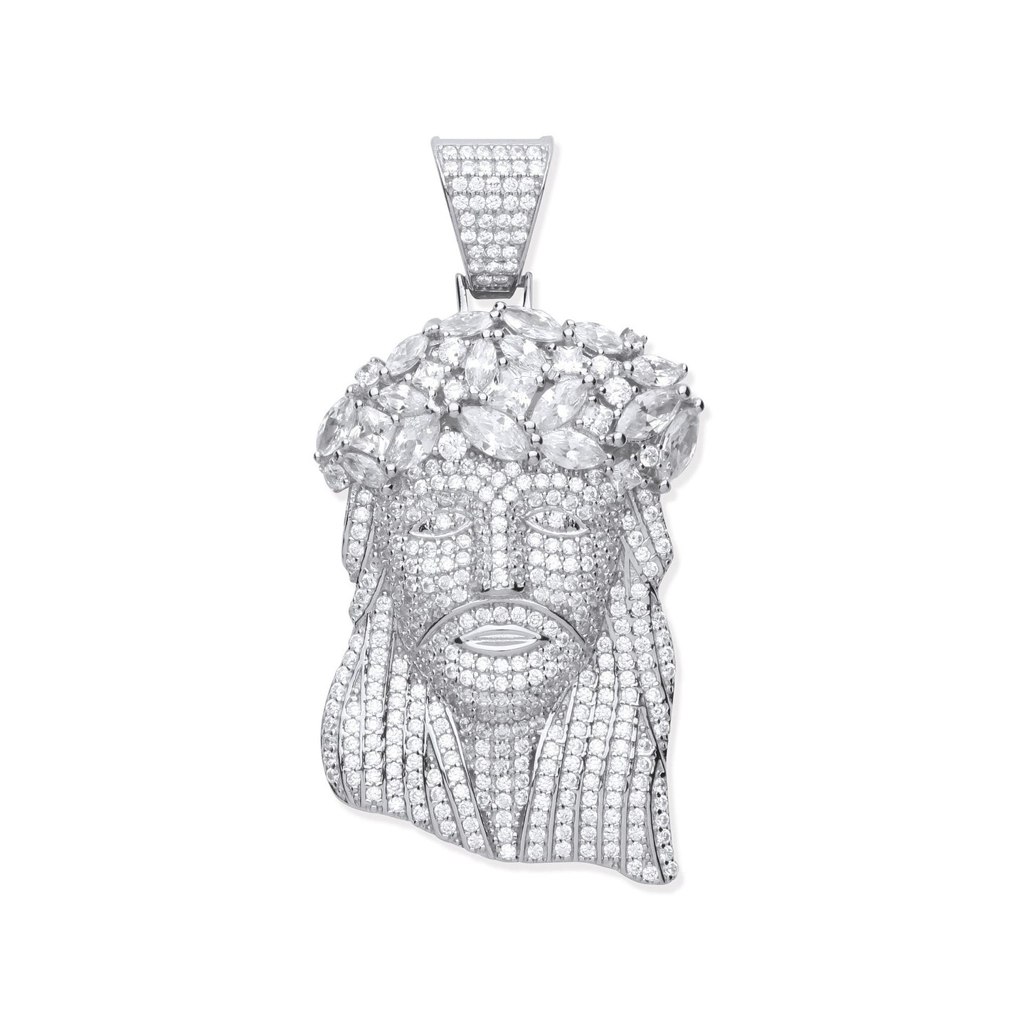 Silver Cubic Zirconia Pendant Jesus with Crown of Thorns - Silver