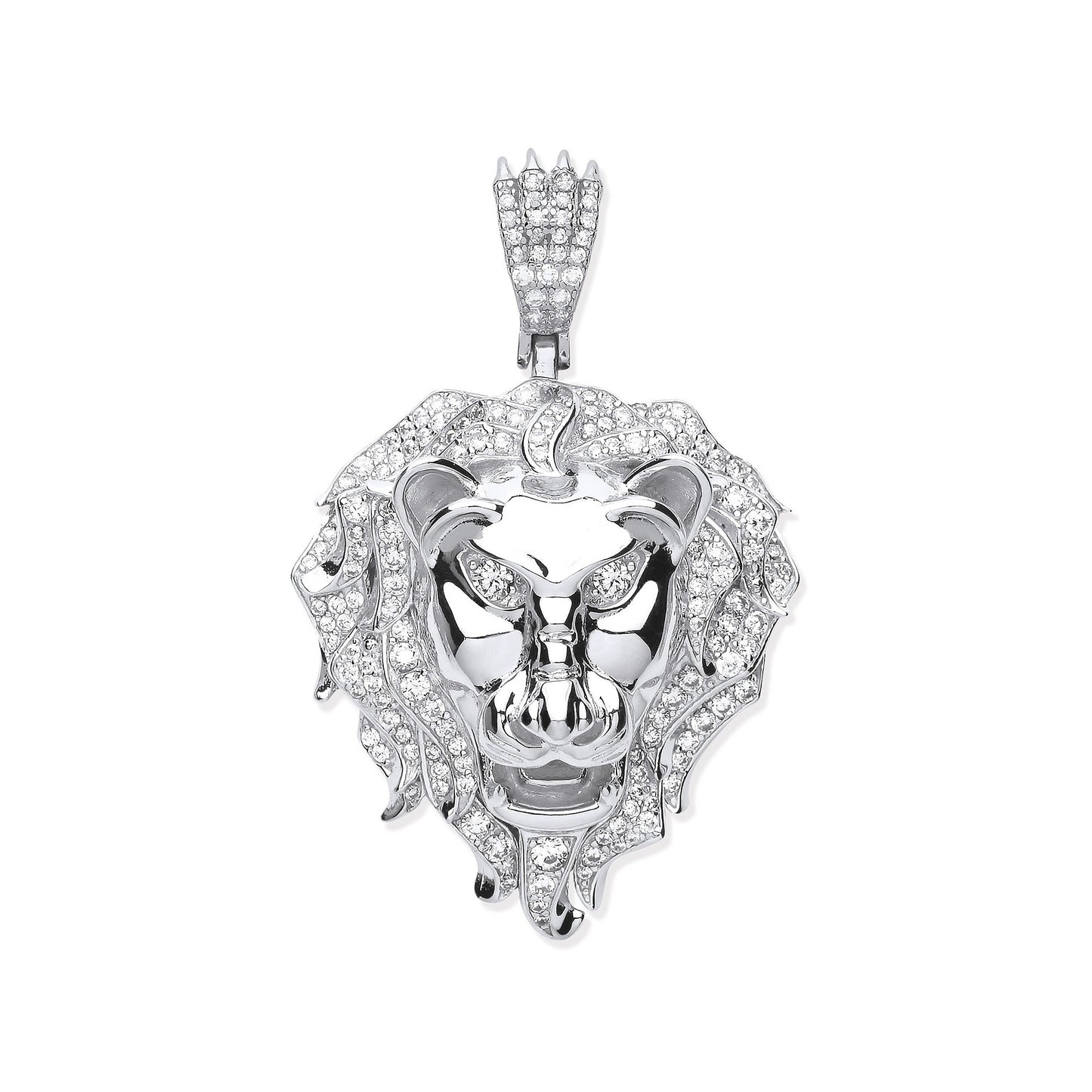 Silver Cubic Zirconia Lion Head Pendant - Silver