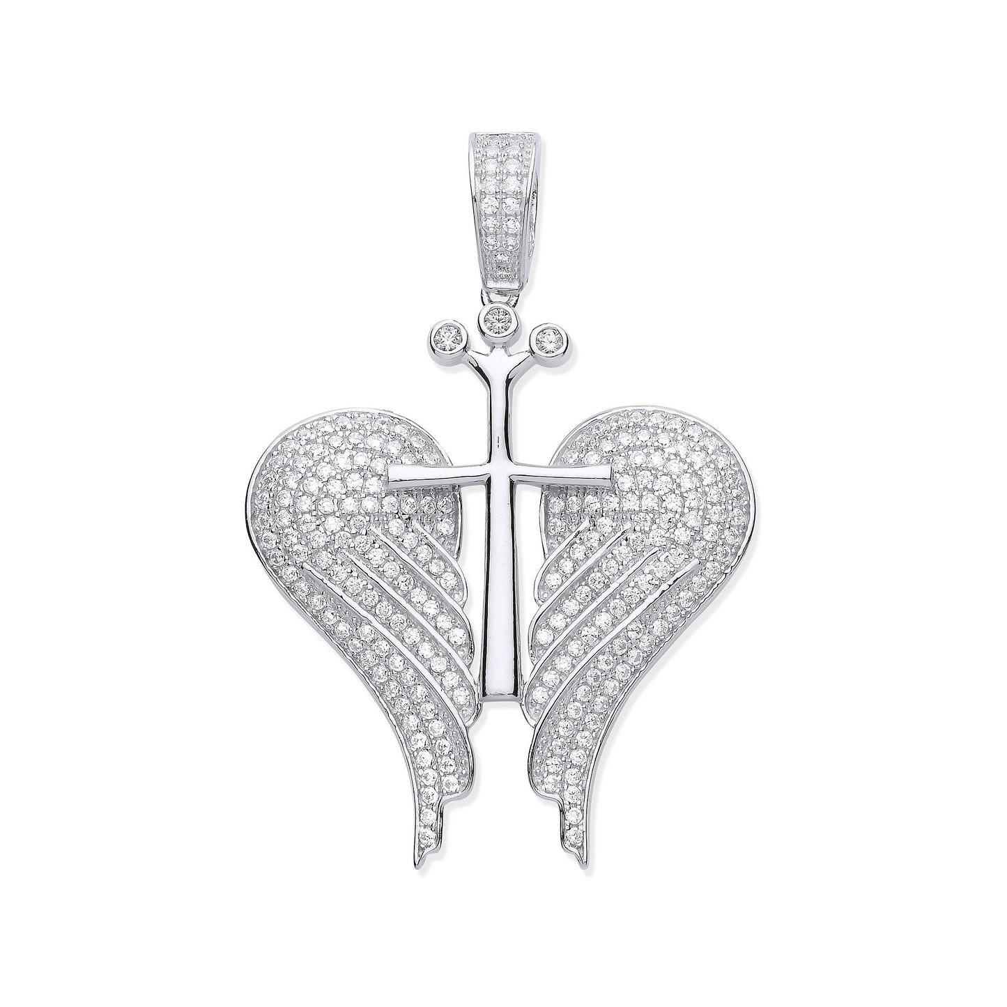Silver Cubic Zirconia Open Angel Wings with Royal Cross Pendant - Silver
