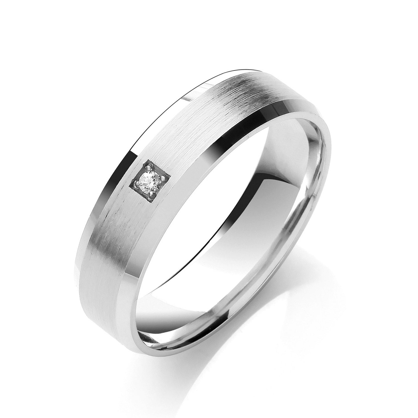 0.02ct S/S Brilliant Cut Diamond Set 6mm Flat Court Bevelled Edge Matt Centre Wedding Band - 18ct Gold