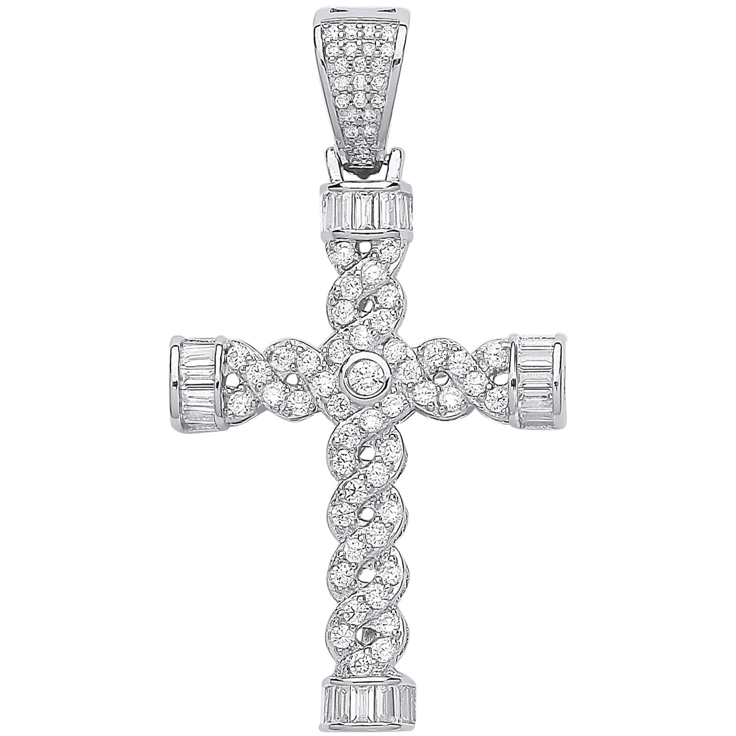 Silver Plait Style Fancy Cubic Zirconia Cross - Silver