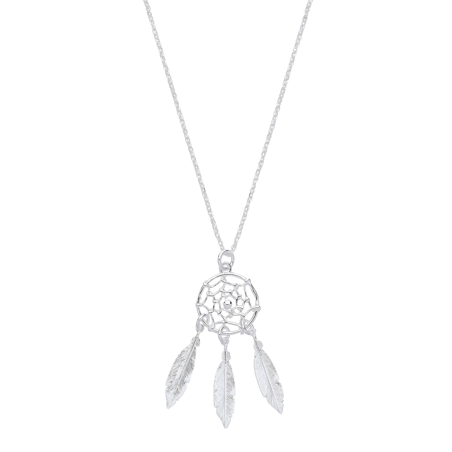 Silver Dream Catcher, Feather Spider Web 16" Chain - Silver
