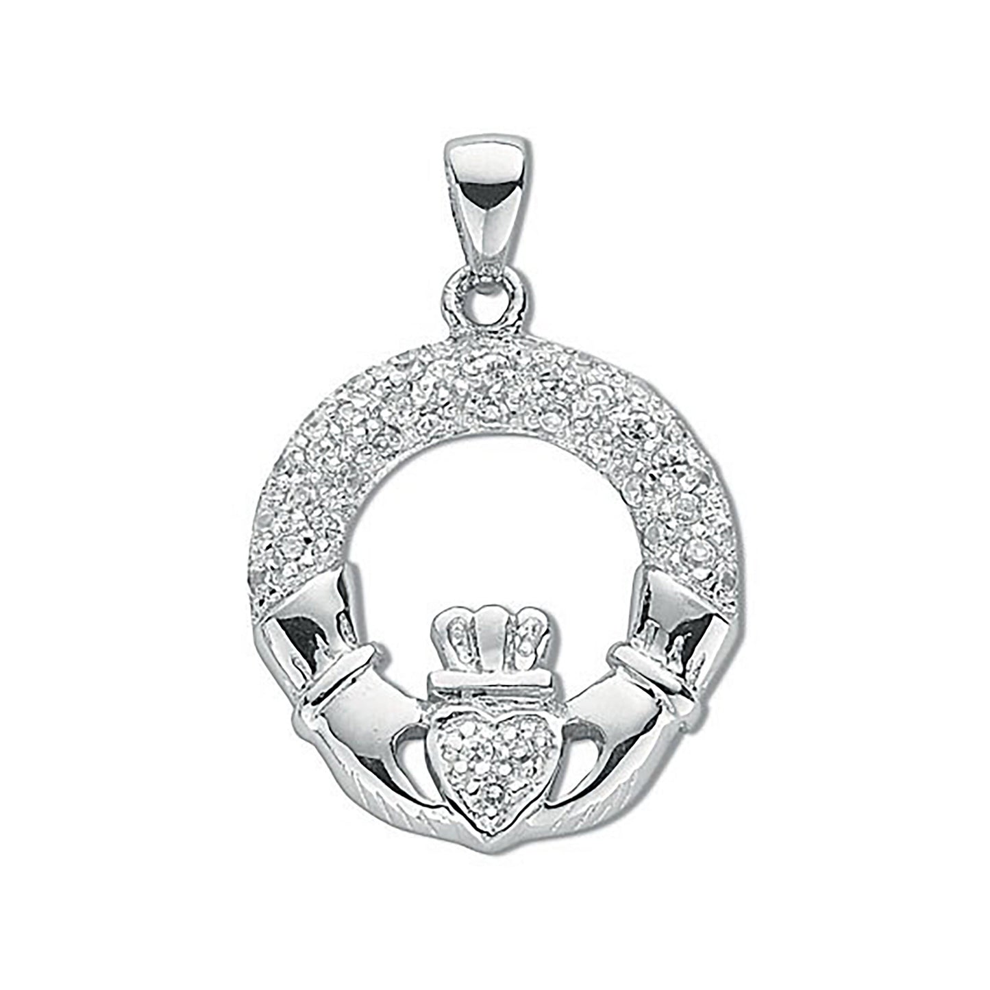 Silver Pave Set Cubic Zirconia Claddagh Drop Pendant - Silver