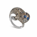 Belle Vante Seal Ring in 18k White and Burnished Gold with Brown Diamonds, Black and Blue Sapphires