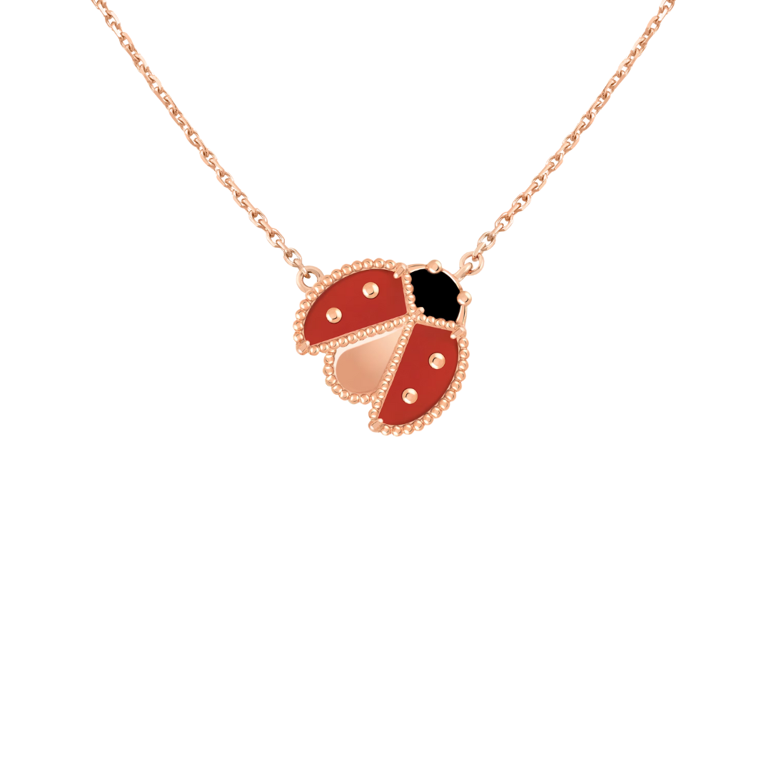 Belle Vante Pendant Open Wings Ladybug Carnelian and Onyx 18K Rose Gold